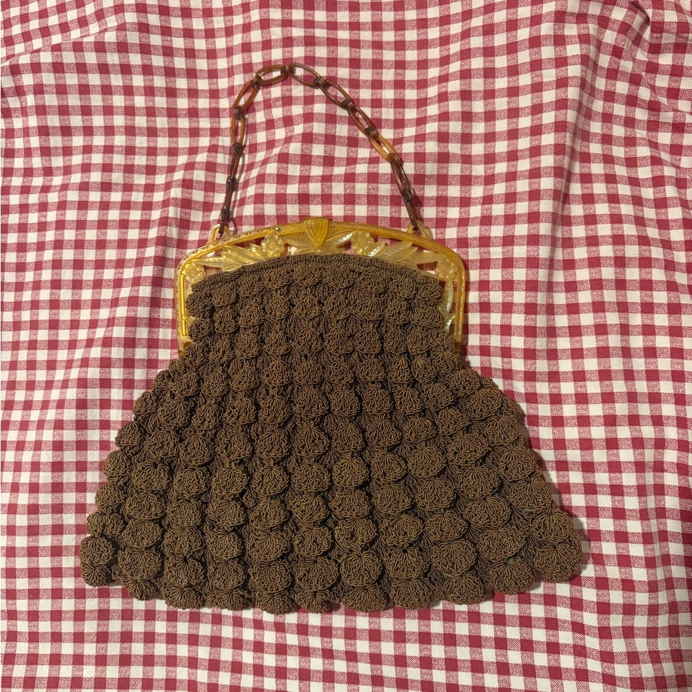 Vintage 1930’s popcorn crochet hand bag purse with lucite chain. Brown.